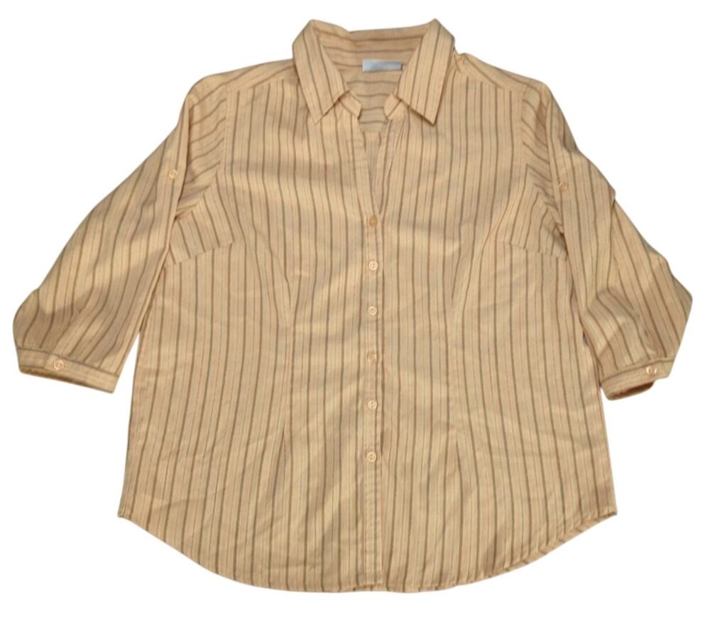 Joanna Womens Large Button Front Blouse Beige Stripe 3/4 Sleeve Collared Top